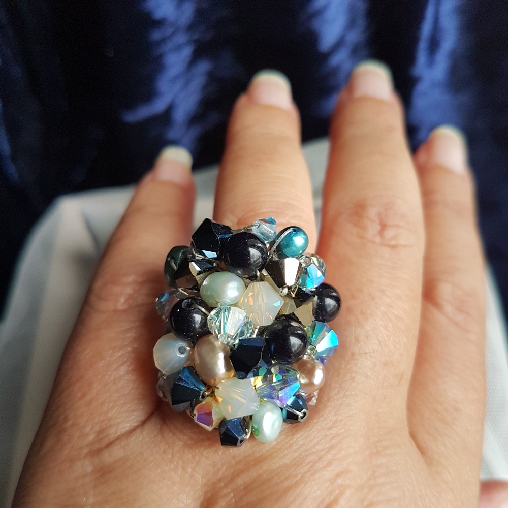 Swarovski Elements Large Blue Cluster Statement Ring Handmade NWT